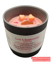 Load image into Gallery viewer, Love &amp; Relationships 12oz Affirmation Candle with Heart Drop-ins